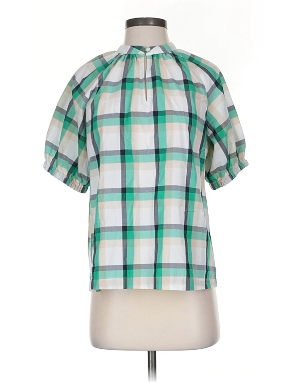 Ann Taylor Mint and White Plaid Short Sleeve Blouse
